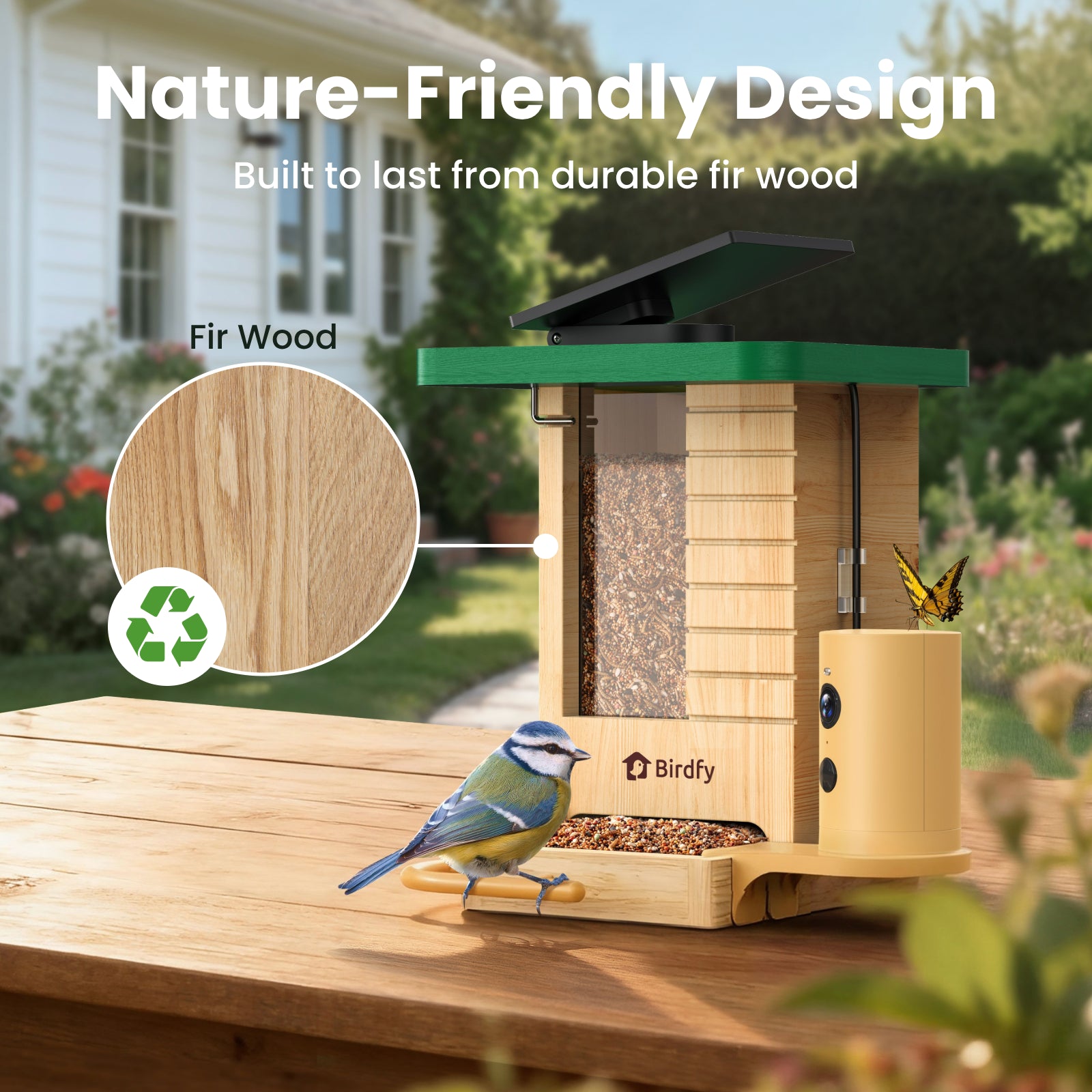 Birdfy Feeder Wood - Wooden Smart Bird Feeder with Camera